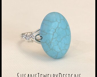 Turquoise howlite wire wrapped ring, gift for her, custom size ring, blue stone jewelry, sterling silver, yellow or rose gold, bronze wire