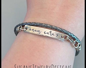 Mo anam cara bracelet, Celtic jewelry, sterling silver, Irish, dandelion, anam cara gifts, my soul friend, braided leather wrap, unisex