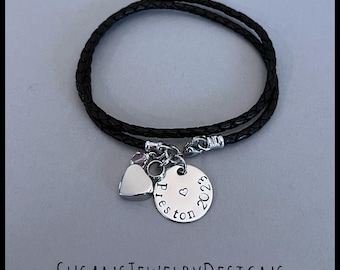 Custom stamped heart urn bracelet, stainless steel, memorial, leather wrap, cremation jewelry, personalized wording, ash holder loss mom dad