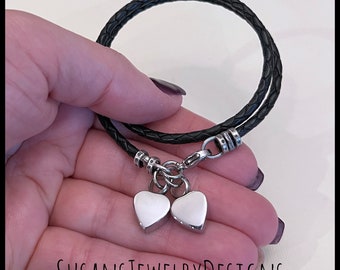 Custom double heart urn bracelet, stainless steel, leather memorial, cremation jewelry, personalized cremate urn, dual ashes, pet loss, ash