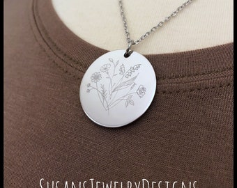 Family bouquet birth month flower necklace, stainless steel pendant, wildflower floral, birth flower stem, gift for her, 1 - 5 flowers, boho