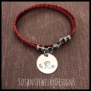 Custom stamped monogram bracelet, initial charm, leather wrap band, letter, personalized letters, daughter present, monogrammed jewelry
