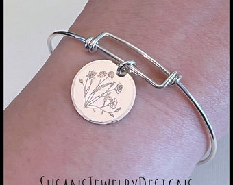 Birth Month Flower Expandable Bracelet Sterling Silver Bangle Wildflower Bunch Jewelry Floral Family Bouquet Flora Gift for Her Boho Style