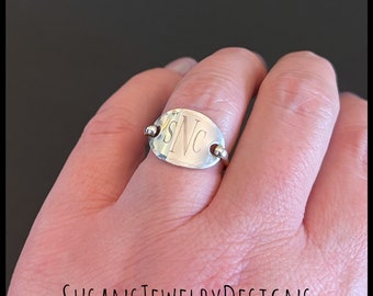 Monogram oval saddle ring, sterling silver jewelry, hammered edge, custom ring size, initial jewelry, personalized initials, gift for her