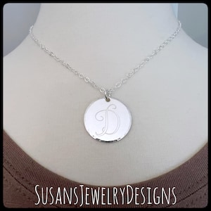 Custom engraved monogram necklace, 1 inch disc, sterling silver, initial letter monogram, monogrammed jewelry, natural letters no blackening