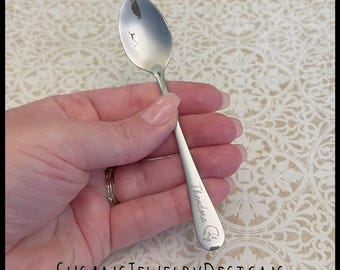 Cuchara de bebé con forma de erizo grabada a medida, regalo para baby shower, para mamá primeriza, nombre y fecha, texto personalizado, acero inoxidable plateado, animal