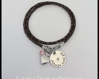 Custom stamped heart urn bracelet, stainless steel, leather wrap, cremation jewelry, personalized wording, ash holder, capsule, mom dad loss