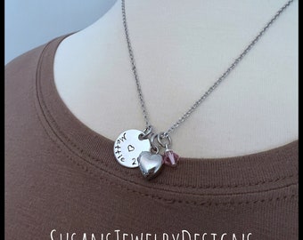 Custom stamped tiny puffed heart urn necklace, stainless steel, memorial, cremation jewelry, personalized wording, ash holder, pet baby mom