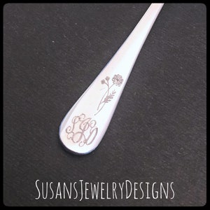 Engraved birth flower baby spoon, monogram baby shower gift, stainless steel, new mom, initial monogrammed, unisex, mom gift, personalized image 6