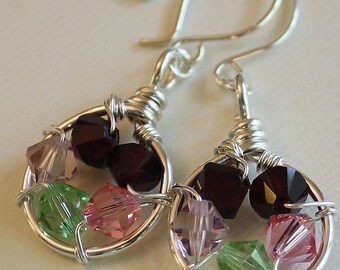 Family Nest Earrings - sterling silver - Swarovski birthstones - custom handmade wire wrapped jewelry