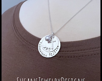 Custom stamped confirmation necklace, cross, Christian present for girl, personalized wording, daughter, niece, granddaughter, bible verse