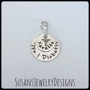 Custom medical alert clip on charm, sterling silver medical identification, diabetic jewelry, personalized wording, med alert clip, medicine