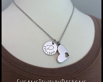 Custom stamped heart urn necklace, stainless steel, memorial, cremation jewelry, personalized wording, ash holder, mom dad ashes cremate