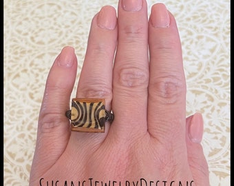 Custom animal print ring, wire wrapped jewelry, tiger print, personalized sizing, brown black tan stripes, jungle, black copper wire