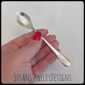 Laser engraved baby spoon, baby shower gift, new mom, custom name and date, new baby, personalized wording, unisex, silver stainless steel