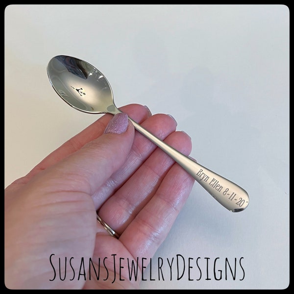 Engraved baby spoon, baby shower gift, new mom baby, name and date spoon, personalized, custom wording, unisex, silver stainless steel