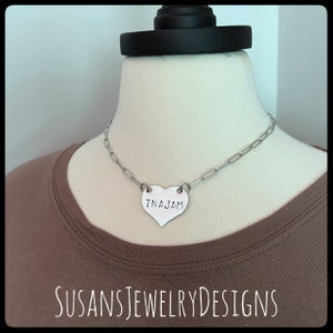 Custom stamped heart necklace, stainless steel jewelry, custom wording, paperclip chain, choice of length, large heart, names dates initials