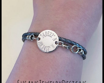Coordinates leather wrap circle bracelet, sterling silver jewelry, engraved latitude longitude, special place city, gps location, wanderlust
