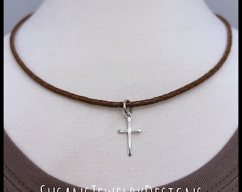 Cross necklace, sterling silver, cross jewelry, leather necklace chain, man gift, Christian jewelry, cross jewelry, crucifix, Jesus, faith