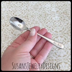 Engraved baby spoon, baby shower gift, new mom, name and date, new baby, personalized wording, silver stainless steel, unisex boy girl mom