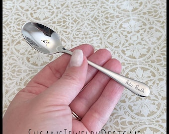 Custom engraved baby spoon, shower present, new mom, name and date, personalized wording, silver stainless steel, unisex boy girl, toddler