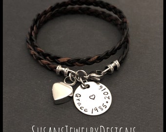 Custom heart urn bracelet, stainless urn, leather memorial bracelet, cremation jewelry, personalized keepsake, urn bracelet, ashes, pet loss