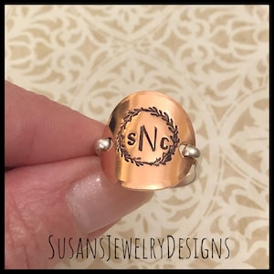 Monogram saddle ring, copper jewelry, hammered edge, custom ring size, initial jewelry, personalized ring, gift for her, letter ring initial