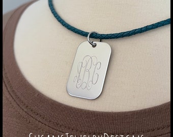 Custom engraved monogram necklace, stainless rectangle pendant, monogrammed jewelry, gift for her, bridesmaid gift, initial pendant letter