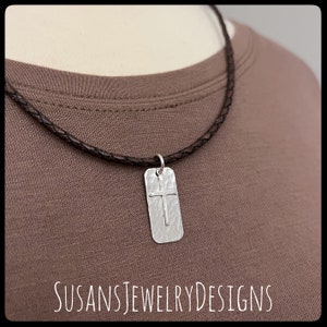 Cross necklace, sterling silver, cross jewelry, braided leather necklace, father&#39;s day gifts, Christian, Bible, cross, unisex, slim design