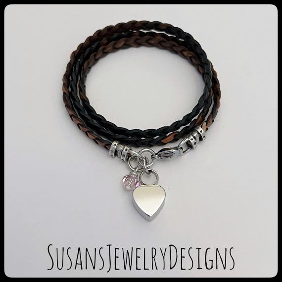 Custom heart urn bracelet, stainless steel, memorial bracelet, leather wrap, cremation jewelry, personalized wording, ashes, loss, mom dad