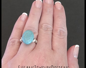 Turquoise howlite wire wrapped ring, gift for her, custom size ring, blue stone jewelry, sterling silver, yellow or rose gold, bronze wire