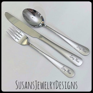 Custom engraved fork knife spoon set, retirement gift wedding utensil anniversary personalized cutlery silver stainless steel home & kitchen