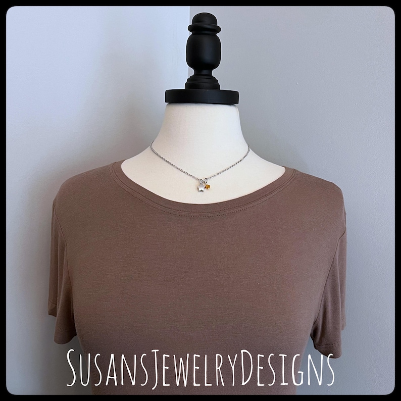 May include: A silver necklace with a small star charm and a small yellow gemstone charm. The necklace is on a brown shirt mannequin.