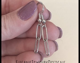 Paperclip earrings, stainless steel jewelry, gift for her, paper clip, rectangle, dangle earring, dainty earrings, lightweight, handmade