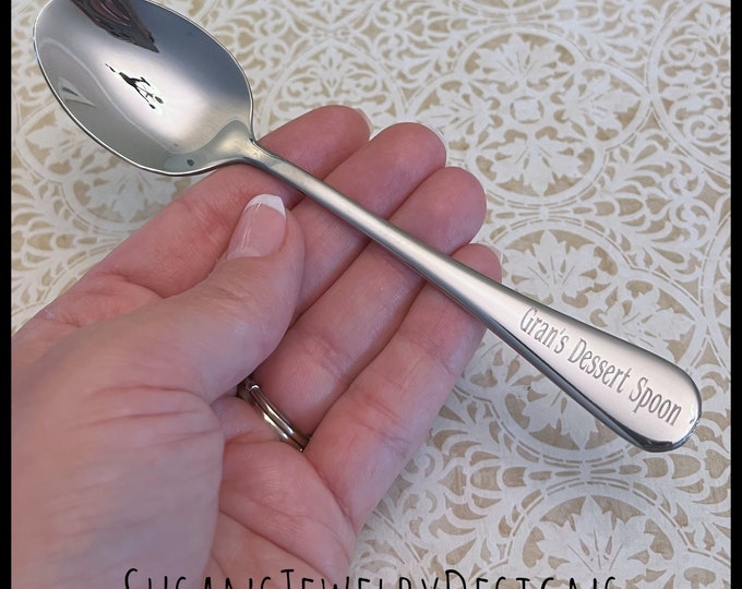 Engraved stainless teaspoon spoon, custom wording, name date phrase, dessert cereal, gift for ice cream lover, anniversary, birthday, unique