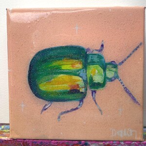 Metallic Green Beetle Original Painting Canvas - Hand-painted Art - Acrylic and Resin Unique Home Decor- Wall Hanging Housewarming Gift