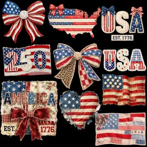 May include: A collection of patriotic-themed fabric embellishments in red, white, and blue. The designs include bows, a map of the USA, the word "USA", the number "250", a heart, and the word "AMERICA" with "EST. 1776".