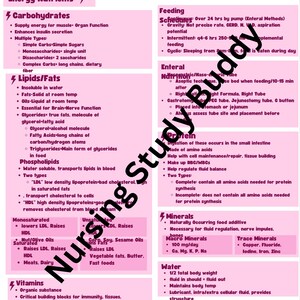 Puede incluir: Un gráfico ilustrado rosa y blanco con la palabra "Nutrición" en la parte superior. El gráfico está dividido en secciones con encabezados como "Nutrientes energéticos", "Alimentación", "Enteral", "Proteínas", "Lípidos/Grasas", "Fosfolípidos", "Vitaminas", "Minerales" y "Agua". Cada sección contiene una lista de viñetas que describen los diferentes tipos de nutrientes y sus funciones en el cuerpo.