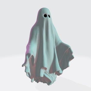 May include: A light blue ghost figure with two black eye holes. The ghost is draped in a flowing sheet, with the fabric appearing to billow. The background is a gradient of white and light purple.