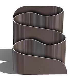 May include: A modern, brown metal desk organizer with a unique, flowing design. The organizer features three curved compartments, perfect for storing documents or office supplies. The design is sleek and minimalist.