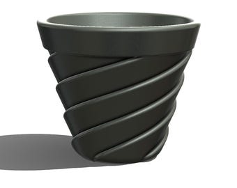 Könnte beinhalten: Ein dekorativer, dunkelgrauer Blumentopf mit einem einzigartigen, spiralförmigen Design. Der Topf hat eine breite Öffnung und eine strukturierte, geriffelte Außenseite. Der Topf ist für Pflanzen und Blumen konzipiert.
