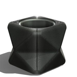 May include: A dark gray, modern-style planter with a unique, geometric design. The planter has a square base that tapers inward, with vertical lines creating a ribbed effect. The top has a circular opening for plants.