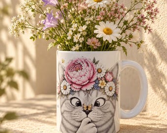 Einzigartiges Stück – Tasse mit kurzhaariger Katze und Blumenkranz