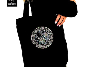 Mother of pearl turtle bag, turtle with scenery design tote, gift for tote, Organic canvas tote Bags, unique design tote, Christmas gift