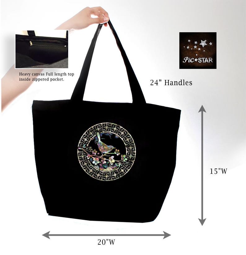 May include: Black canvas tote bag with a 24-inch handle and a circular design featuring a bird on a branch with flowers. The bag is 20 inches wide and 15 inches tall.