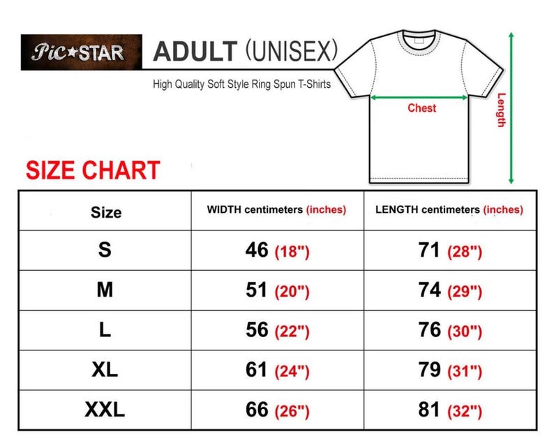 May include: Size chart for adult unisex t-shirts. The chart shows the width and length in centimetres and inches for sizes S, M, L, XL, and XXL.