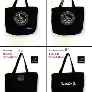 May include: Four black tote bags with different customization options. The bags feature a small embroidered bird design and the name "Jennifer G." in white lettering. The bags are numbered 1 through 4, with the name location and price listed for each.