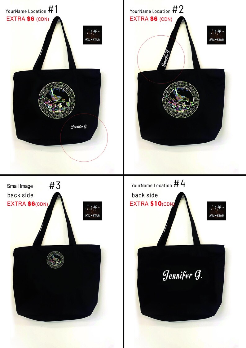 May include: Four black tote bags with different customization options. The bags feature a small embroidered bird design and the name "Jennifer G." in white lettering. The bags are numbered 1 through 4, with the name location and price listed for each.