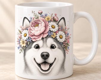 Unique Husky dog with Flower Crown Art Mug