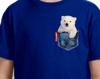 Camisetas con mascota (oso polar) en el bolsillo de un jean. Camisetas para niños, camisetas para adultos, camisetas divertidas con animales, camisetas con osos polares, camisetas para amantes de los osos polares